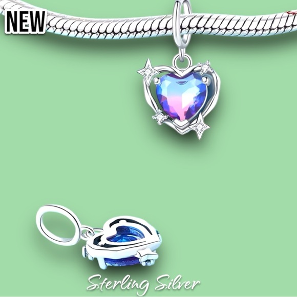 New .925 Sterling Silver Sparkling Purple Blue Heart Star Dangle Pendant Charm - Picture 1 of 4